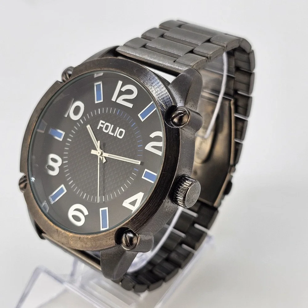 Folio Men Watch 54MM Black Dial Gun Metal Gray Bracelet Band 7.25